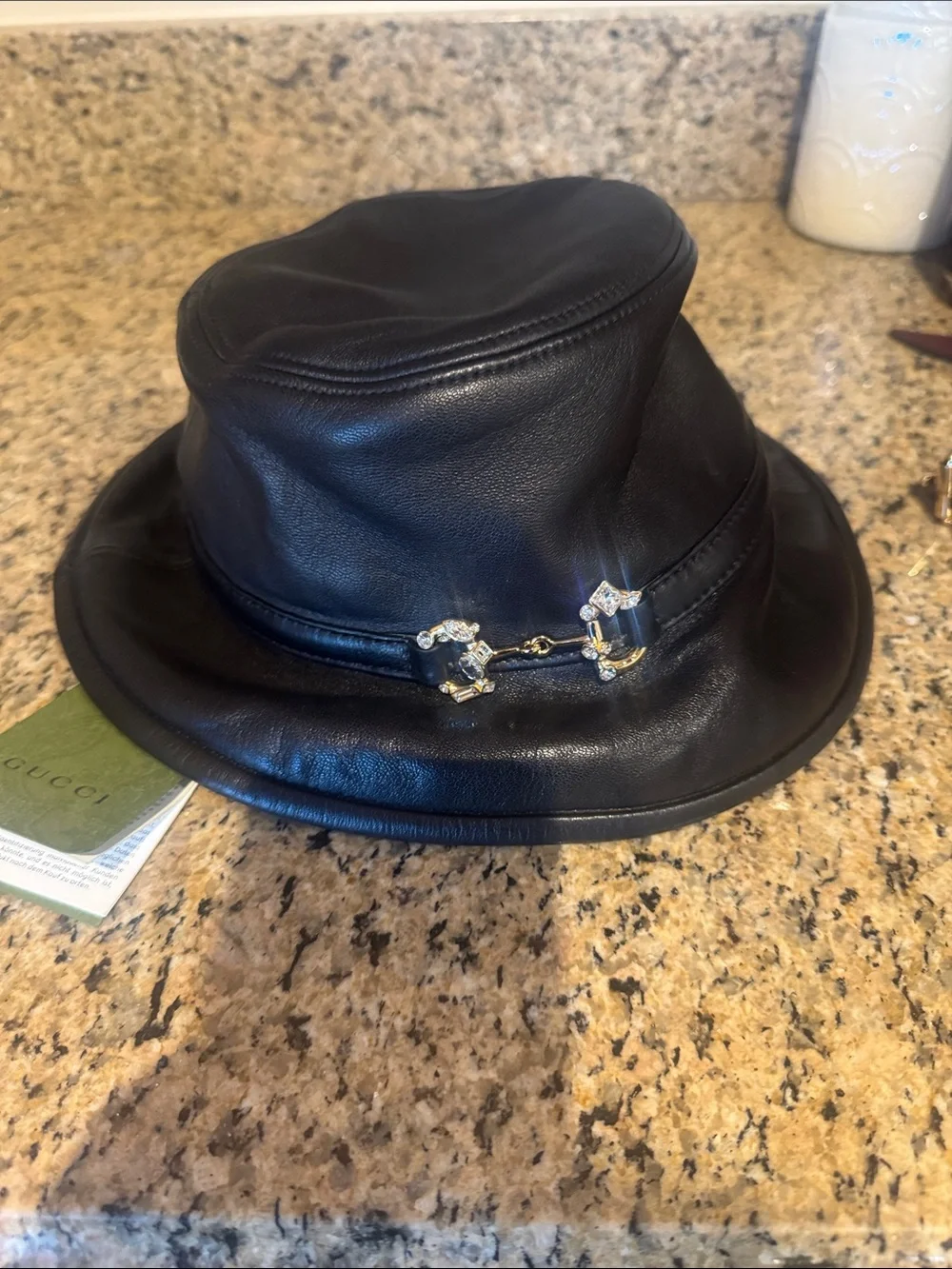 Gucci Black Leather Bucket Hat with Decorative crystal horsebit Buckle XL